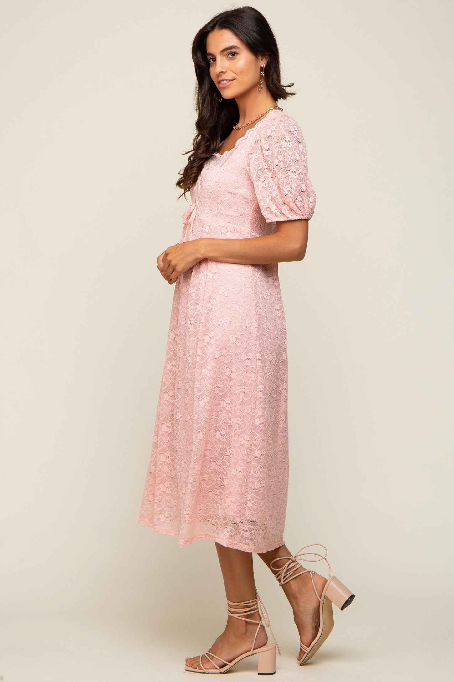 Light Pink Lace Cutout Midi Dress