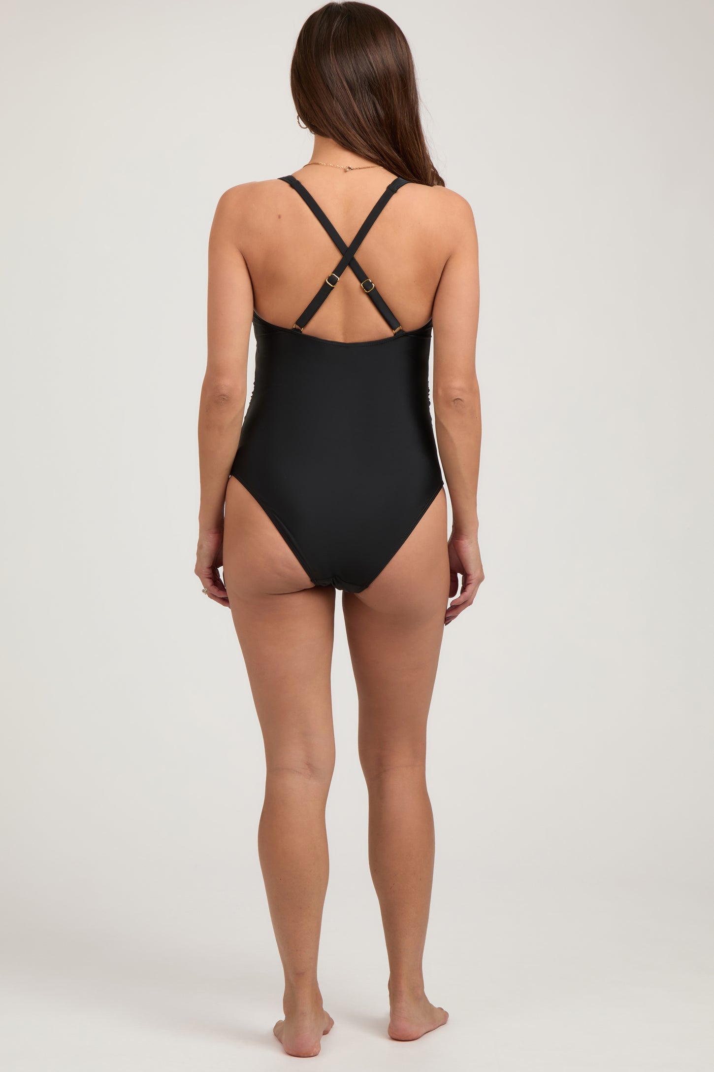 Black Tie Front V-Neck Criss Cross Back One-Piece Maternity Swimsuit