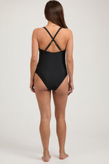 Black Tie Front V-Neck Criss Cross Back One-Piece Maternity Swimsuit