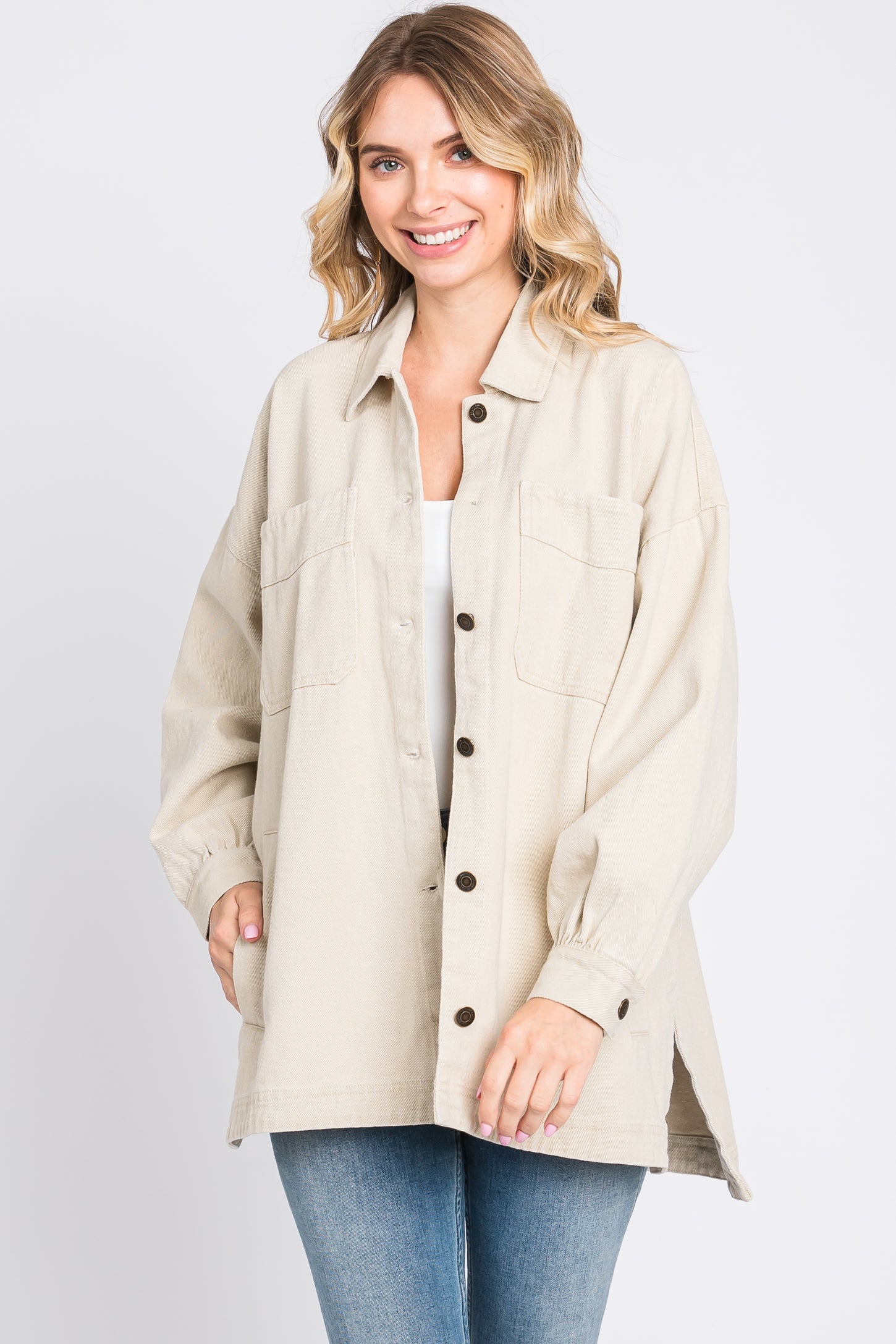 Beige Denim Button Down Button Down Jacket