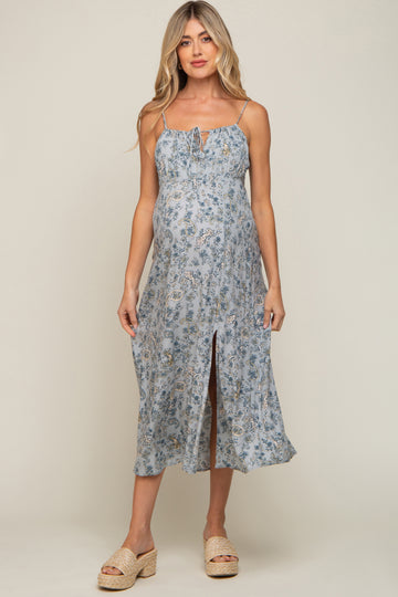 Light Blue Paisley Front Tie Maternity Midi Dress