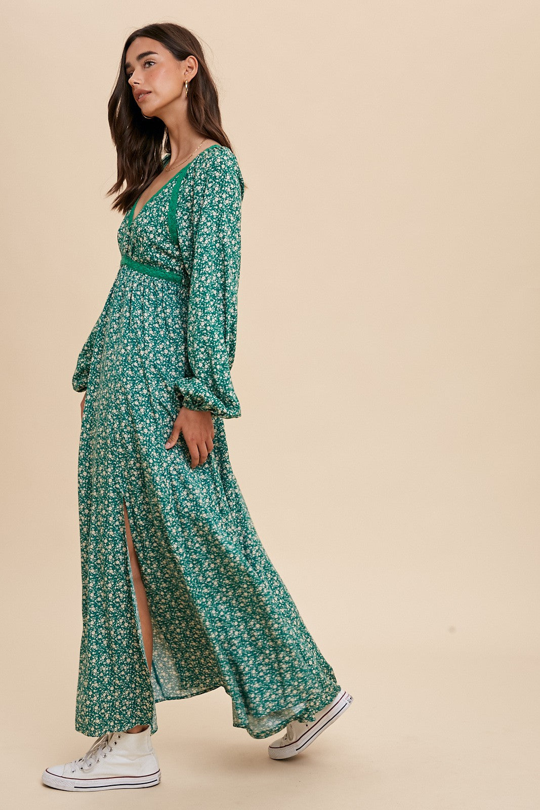 Green Floral Lace Accent Side Slit Maxi Dress