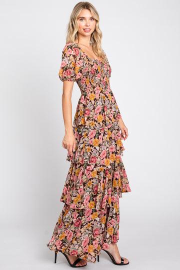 Brown Floral Smocked Square Neck Ruffle Layered Maxi Dress