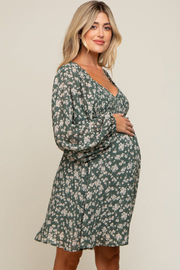 Green Floral Long Puff Sleeve Maternity Dress