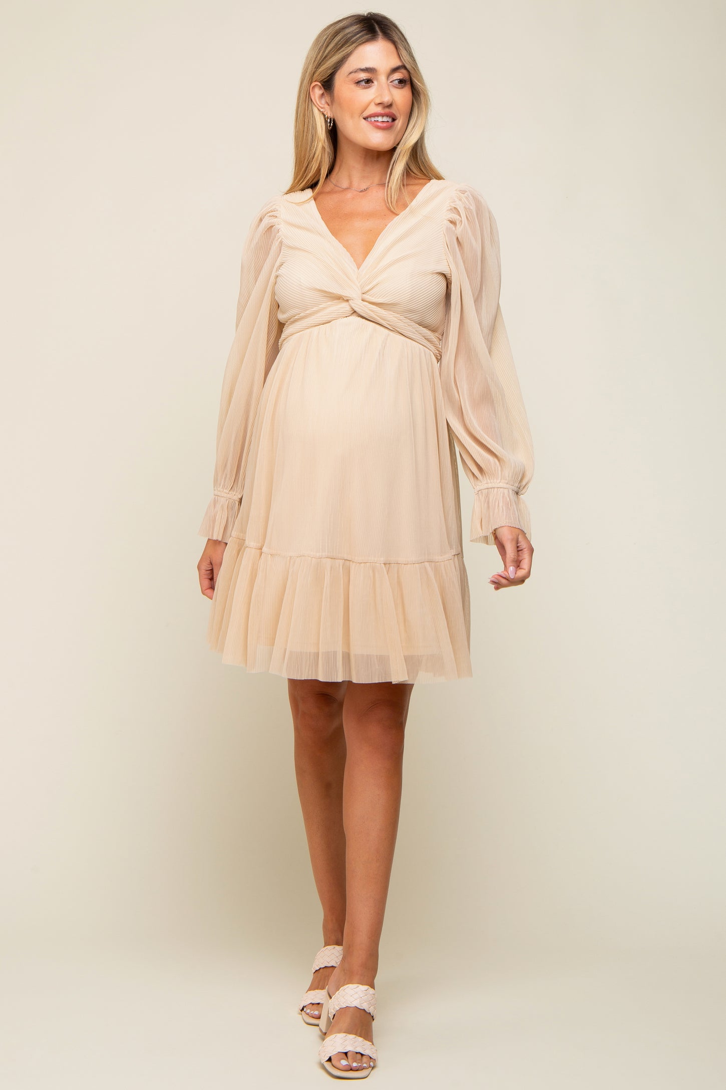 Beige Pleated Knotted Long Sleeve Maternity Dress