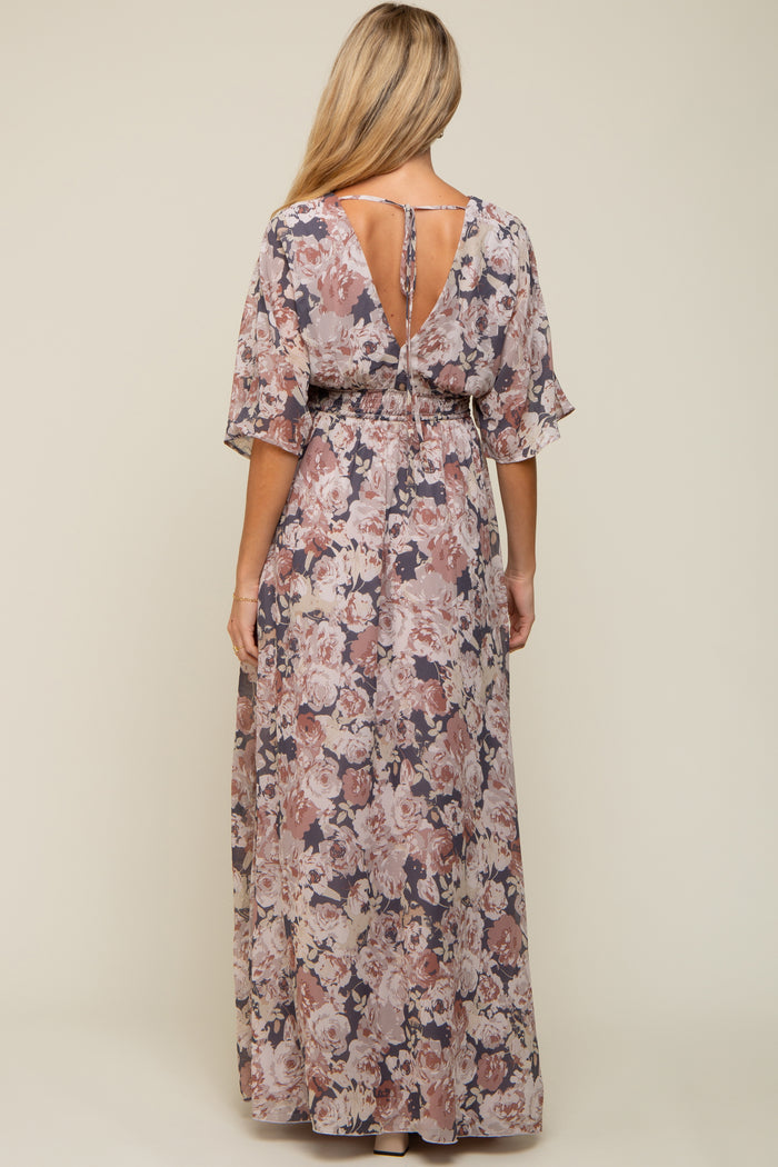 Mauve Floral Wrap Front V-Neck Smocked Waist Maternity Maxi Dress