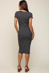 Black Striped Ribbed Fitted Maternity Midi Dress
