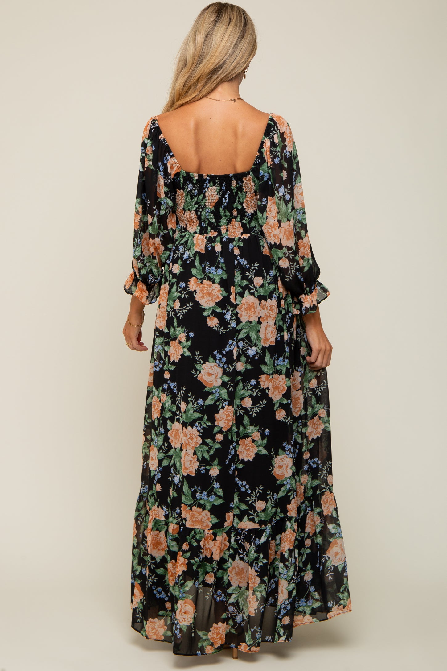 Black Floral Chiffon Square Neck 3/4 Ruffle Sleeve Maternity Maxi Dress