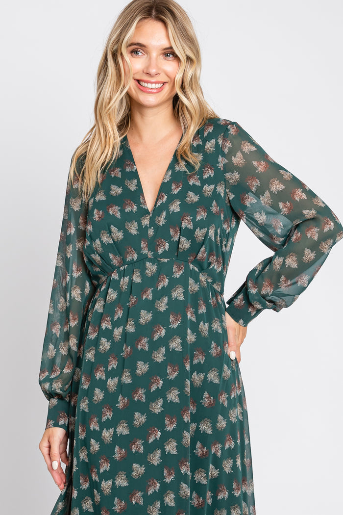 Forest Green Leaf Print Balloon Sleeve Maxi Dress