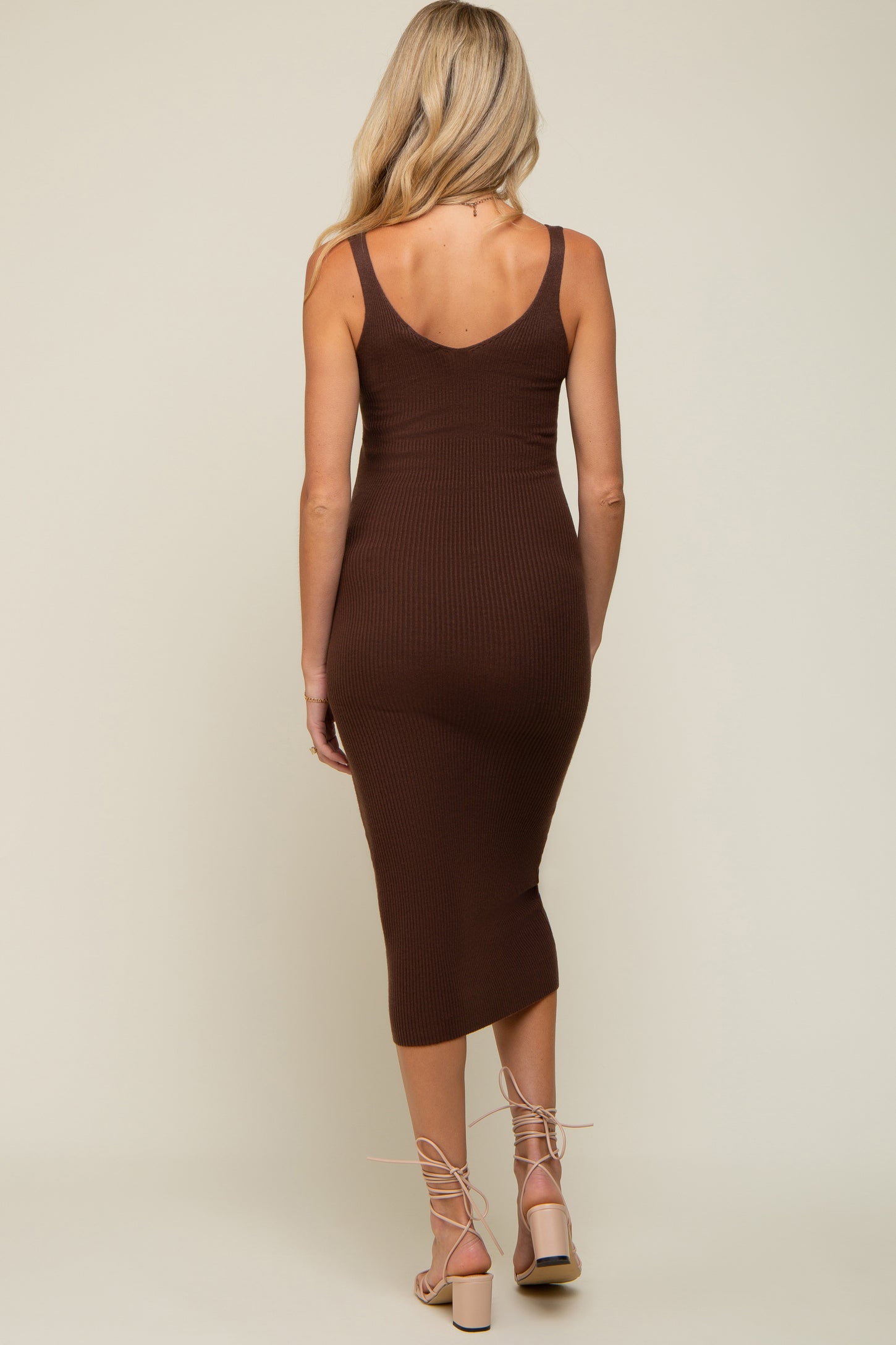 Brown Sleeveless V-Neck Maternity Sweater Dress