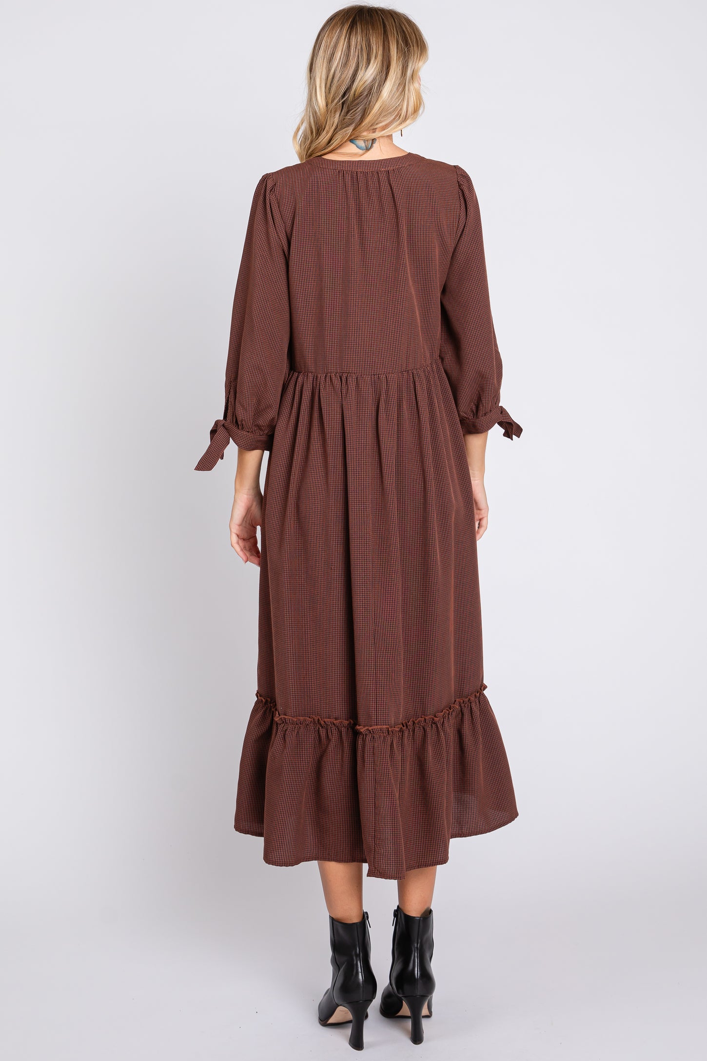 Brown Gingham Front Button Sleeve Tie Midi Dress