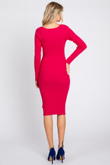 Fuchsia Ribbed Knit Fitted Long Sleeve Dress