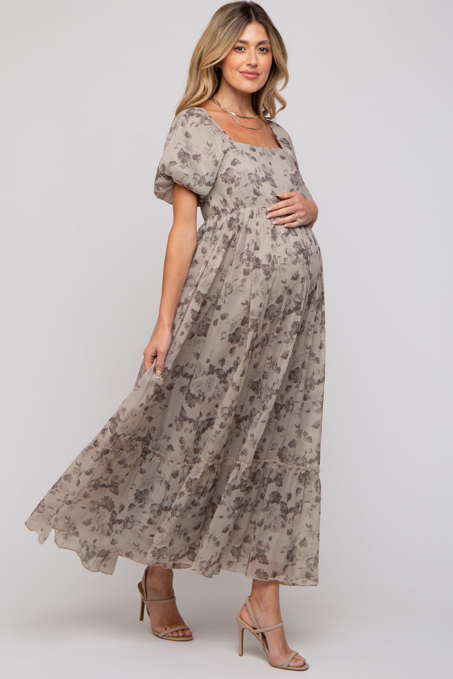 Grey Floral Square Neck Short Puff Sleeve Maternity Maxi Dress