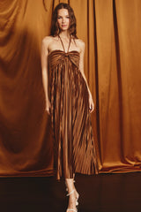 Brown Pleated Halter Maxi Dress