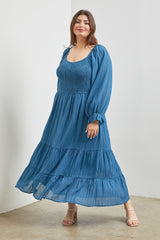 Blue Textured Stripe Smocked Square Neck Plus Midi Dress