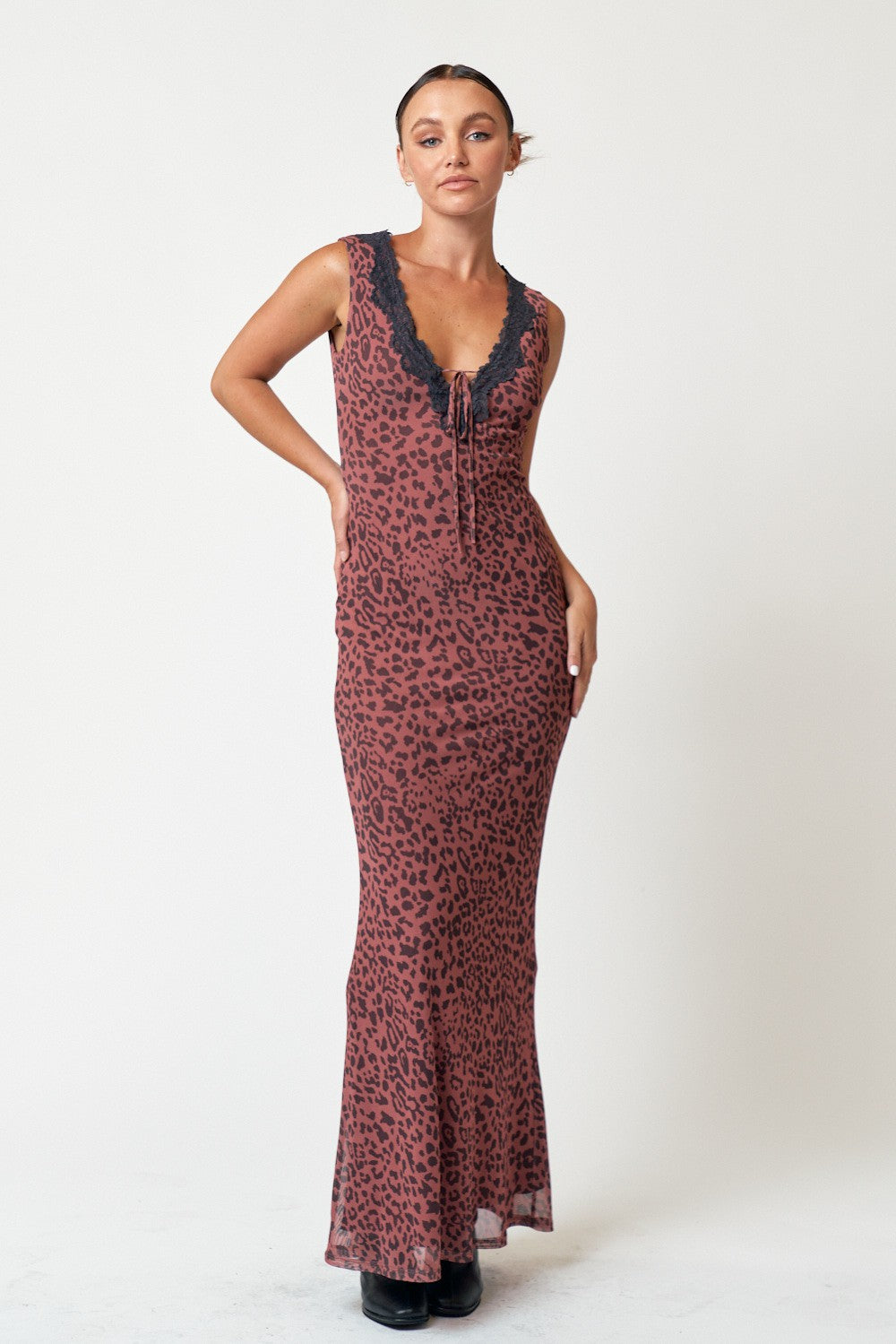 Brown Animal Print Mesh Overlay Maternity Maxi Dress