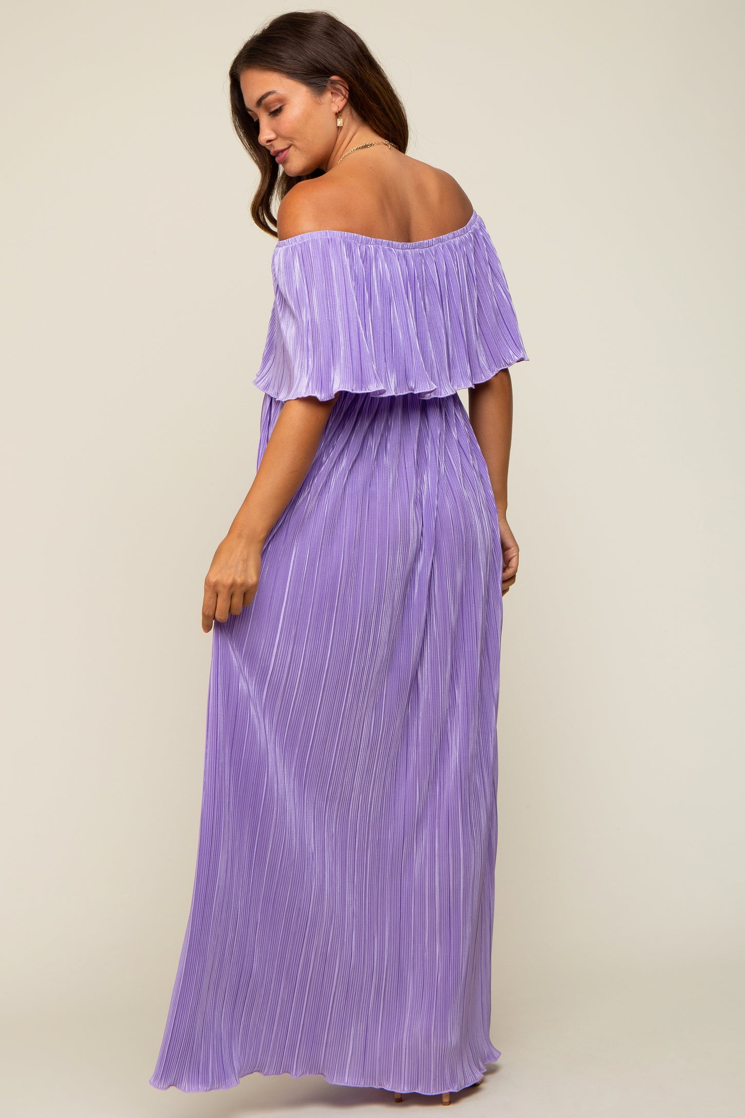 Lavender Pleated Plisse Ruffle Off-Shoulder Maternity Maxi Dress