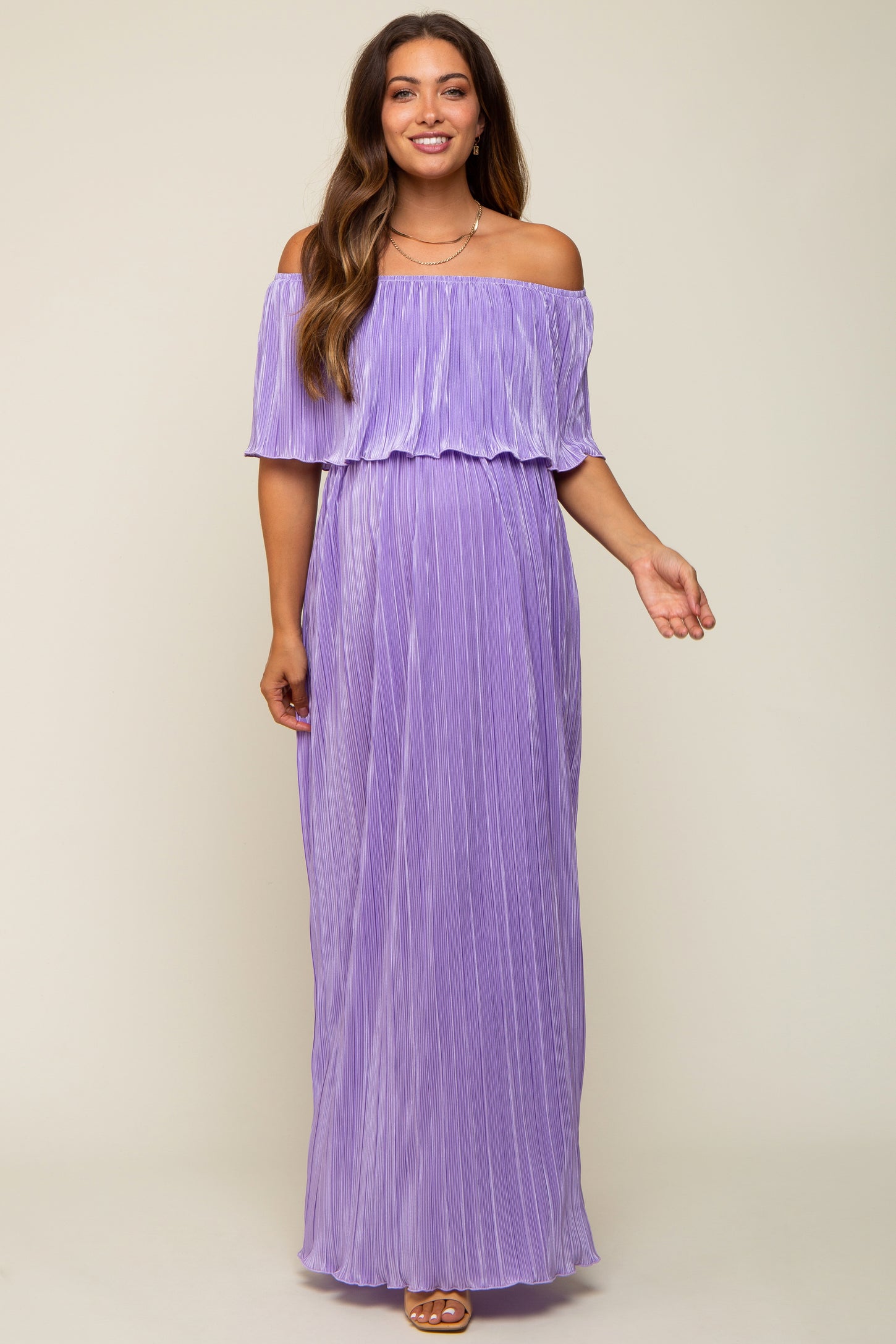 Lavender Pleated Plisse Ruffle Off-Shoulder Maternity Maxi Dress