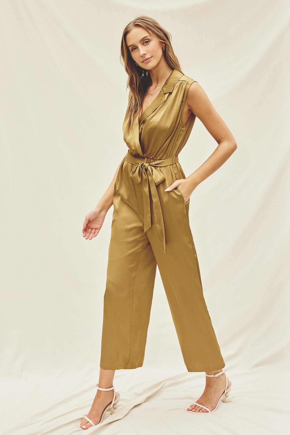 Golden Satin Sleeveless Shirt Jumpsuit