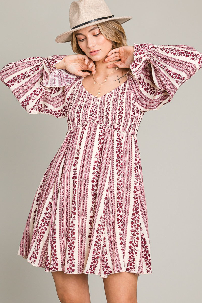 Burgundy Floral Stripe Smocked Long Sleeve Dress