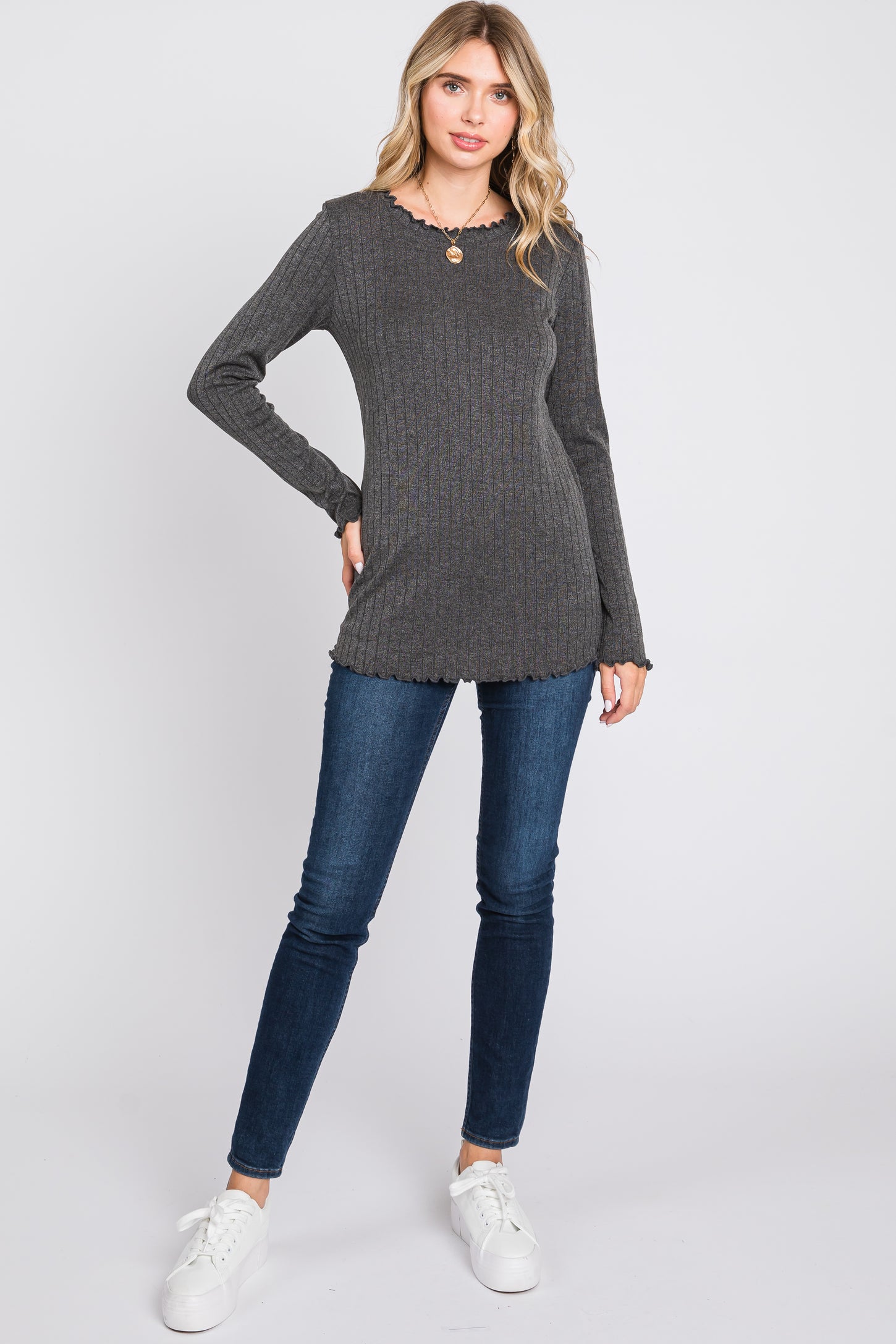 Charcoal Rib Knit Lettuce Trim Long Sleeve Top