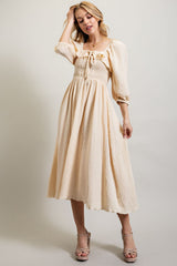 Cream Gauze Smocking  Midi Dress