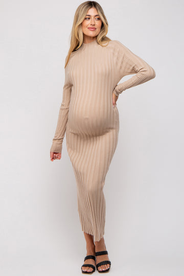 Beige Ribbed Turtle Neck Maternity Midi Dress