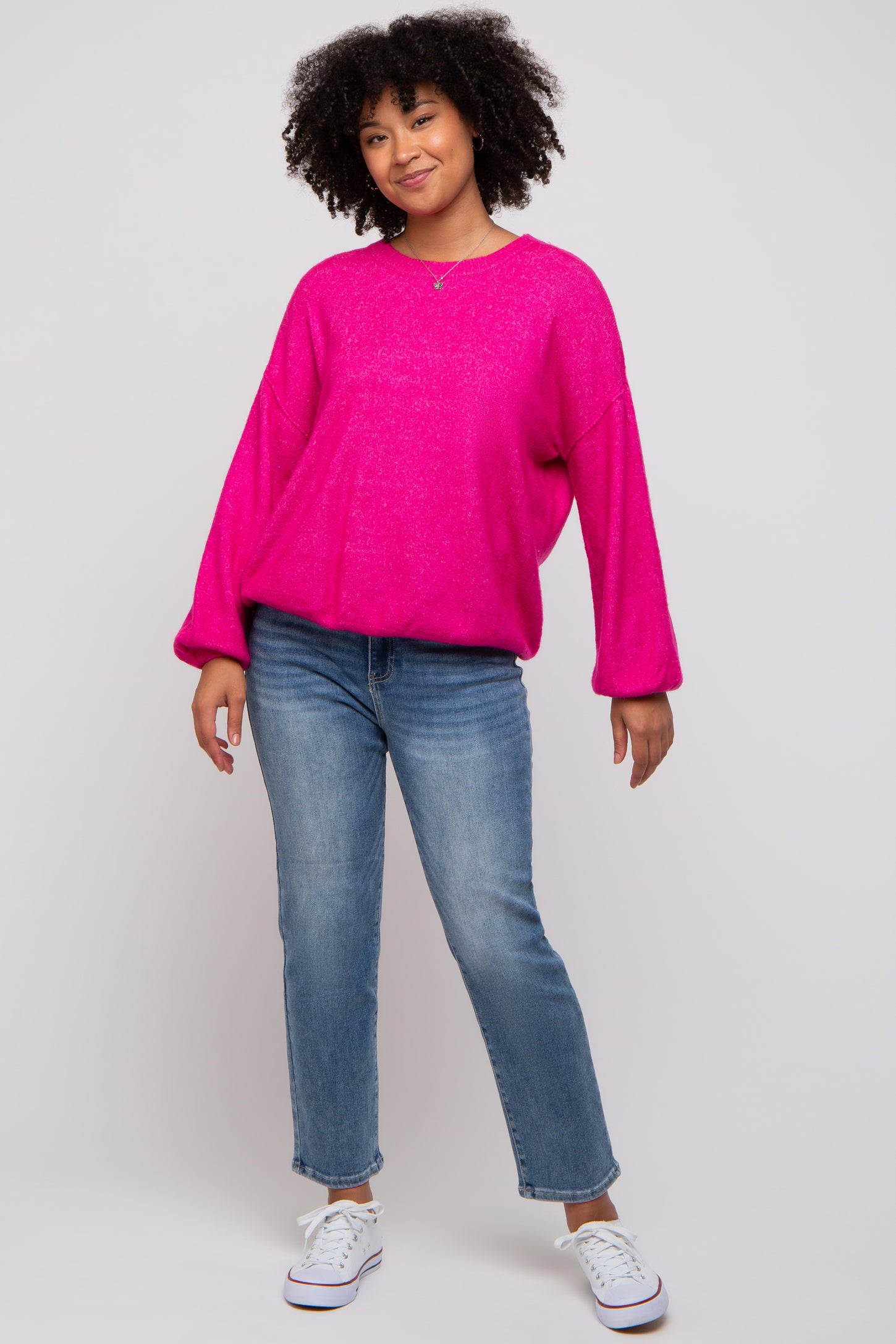 Fuchsia Basic Drop Shoulder Sweater