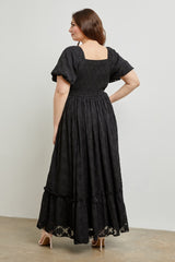 Black Floral Chiffon Smocked Square Neck Plus Maxi Dress