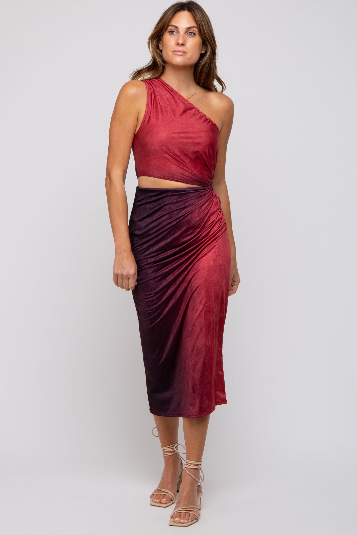 Burgundy One Shoulder Side Cutout Ruched Midi Dress