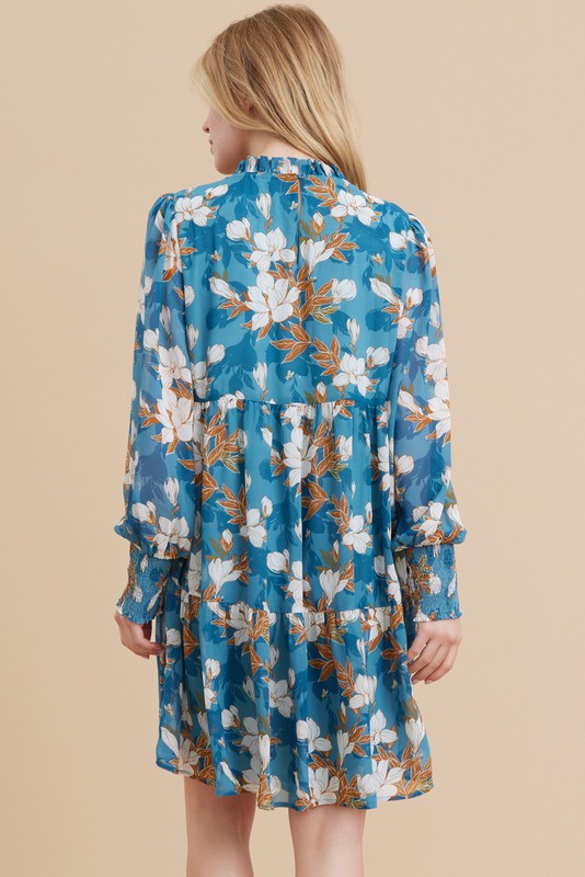 Blue Floral Chiffon Ruffle Mock Neck Tiered Dress