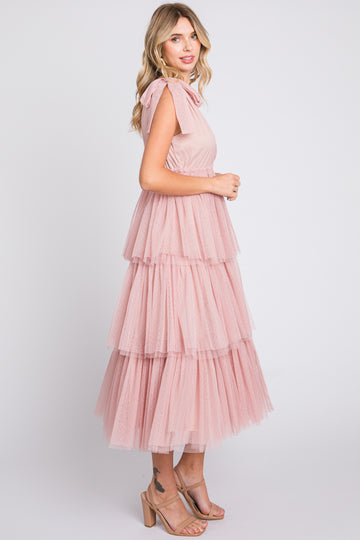 Pink Sleeveless Tiered Tie Strap Tulle Midi Dress