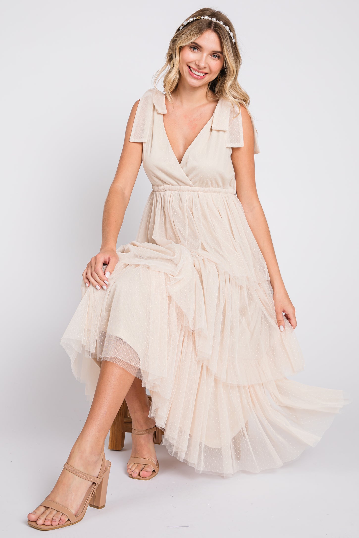 Cream Sleeveless Tiered Tie Strap Tulle Midi Dress