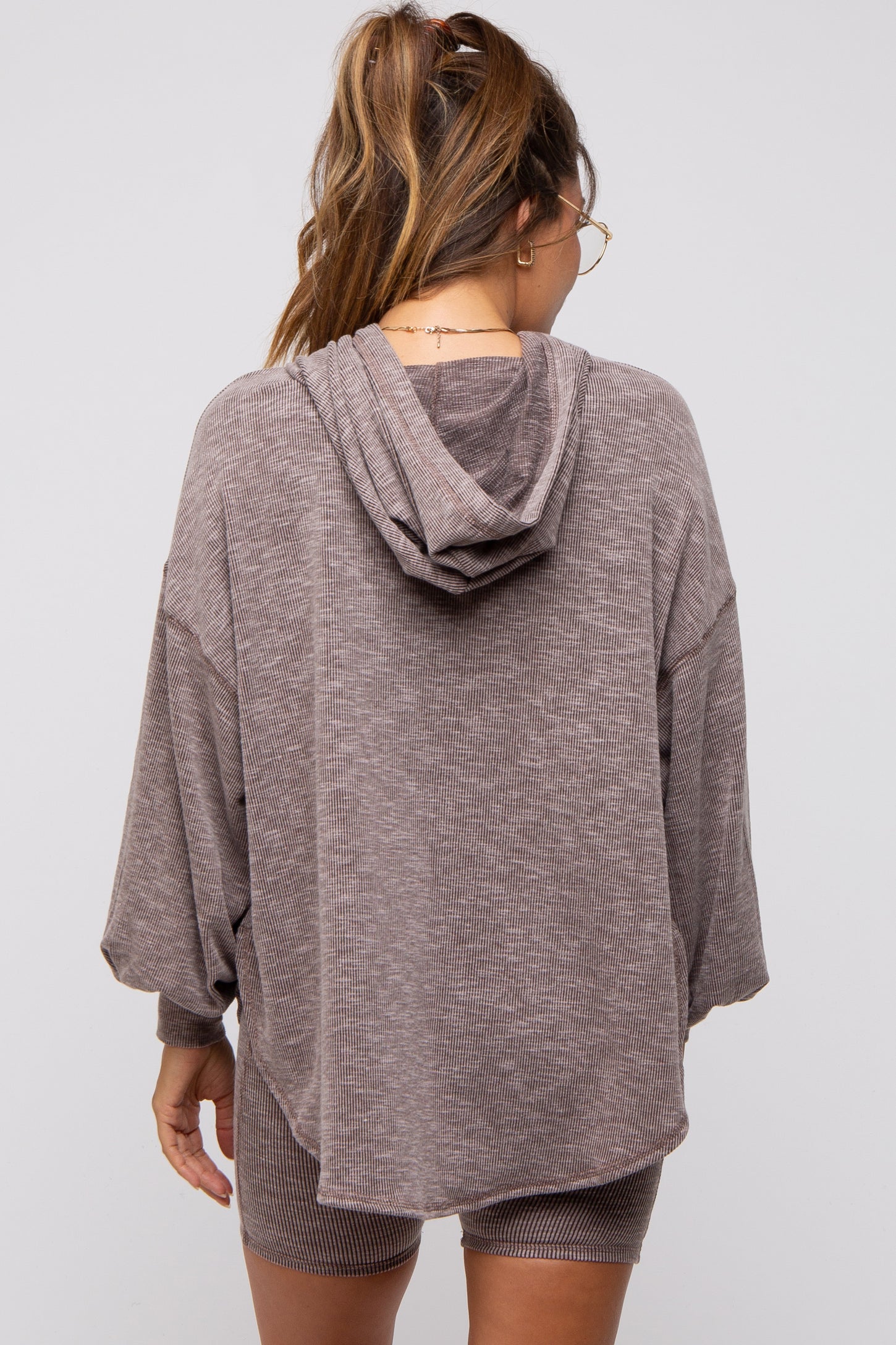 Brown Ribbed Maternity Hooded Biker Short Set
