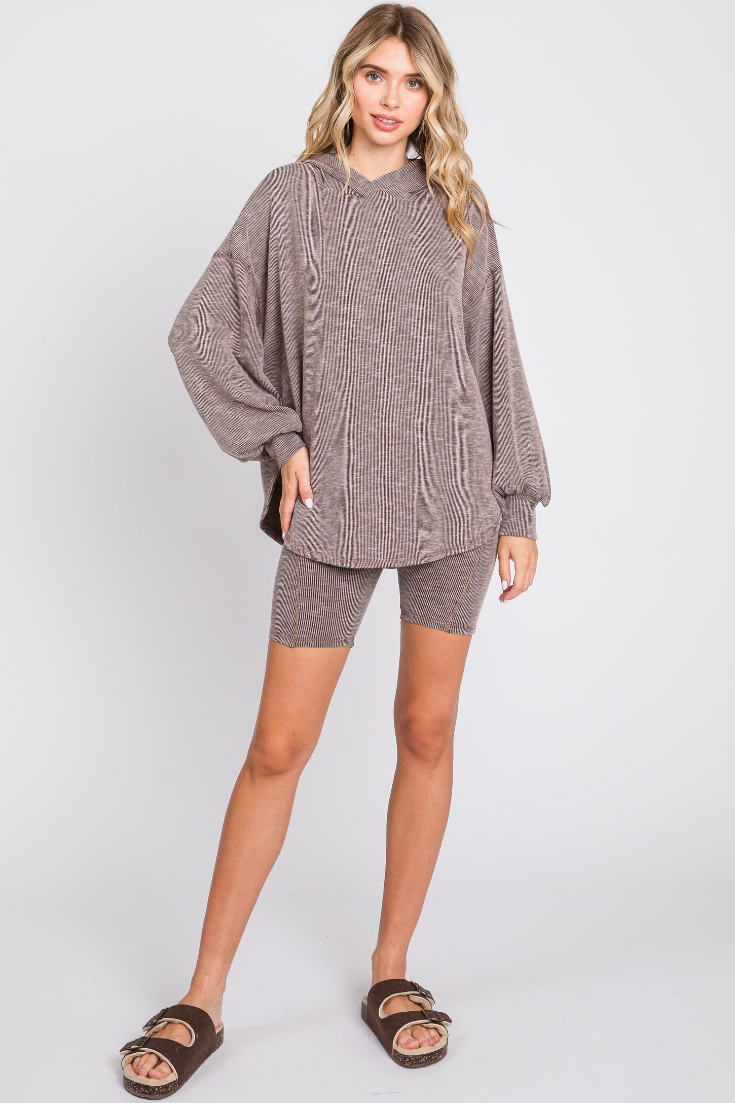 Brown Ribbed Maternity Hooded Biker Short Set