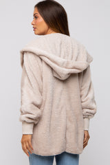 Cream Fuzzy Hooded Long Sleeve Maternity Jacket