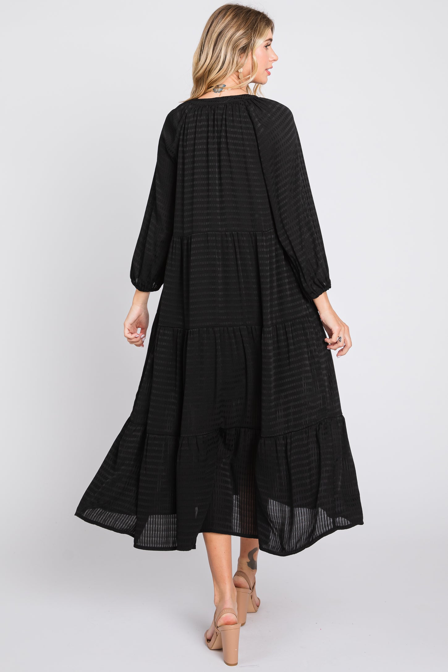 Black Textured Tiered Maternity Midi Dress