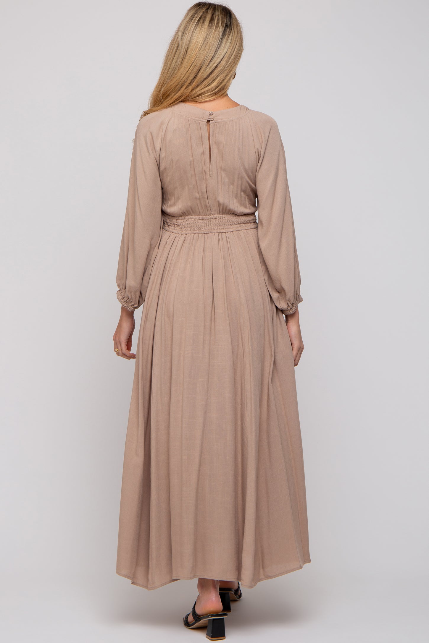 Beige Deep V-Neck Smocked Waist Maternity Maxi Dress