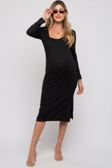 Black Ribbed Side Slit Maternity Midi Dress