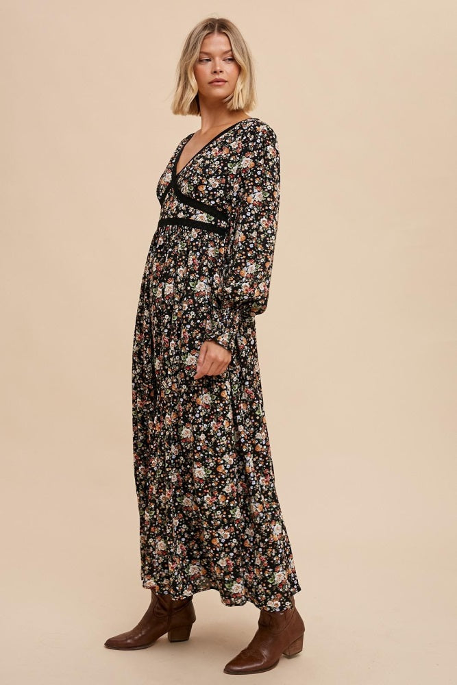 Black Floral V Neck Maxi Floral Dress