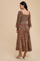 Emerald Floral Velvet Square Neck Midi Dress