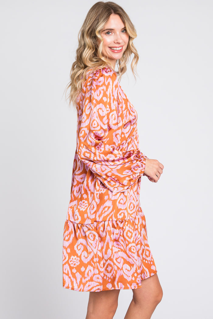 Rust Print Collared Puff Sleeve Dress
