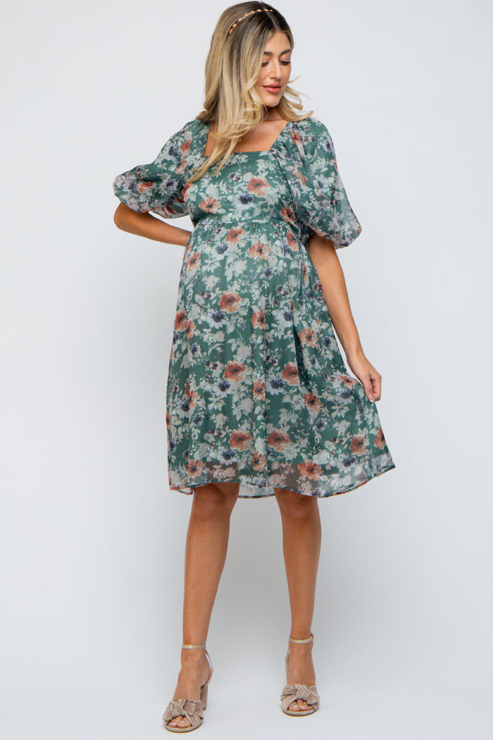 Green Floral Puff Sleeve Maternity Dress