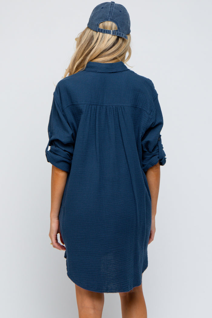 Navy Blue Gauze Button Down Maternity Dress