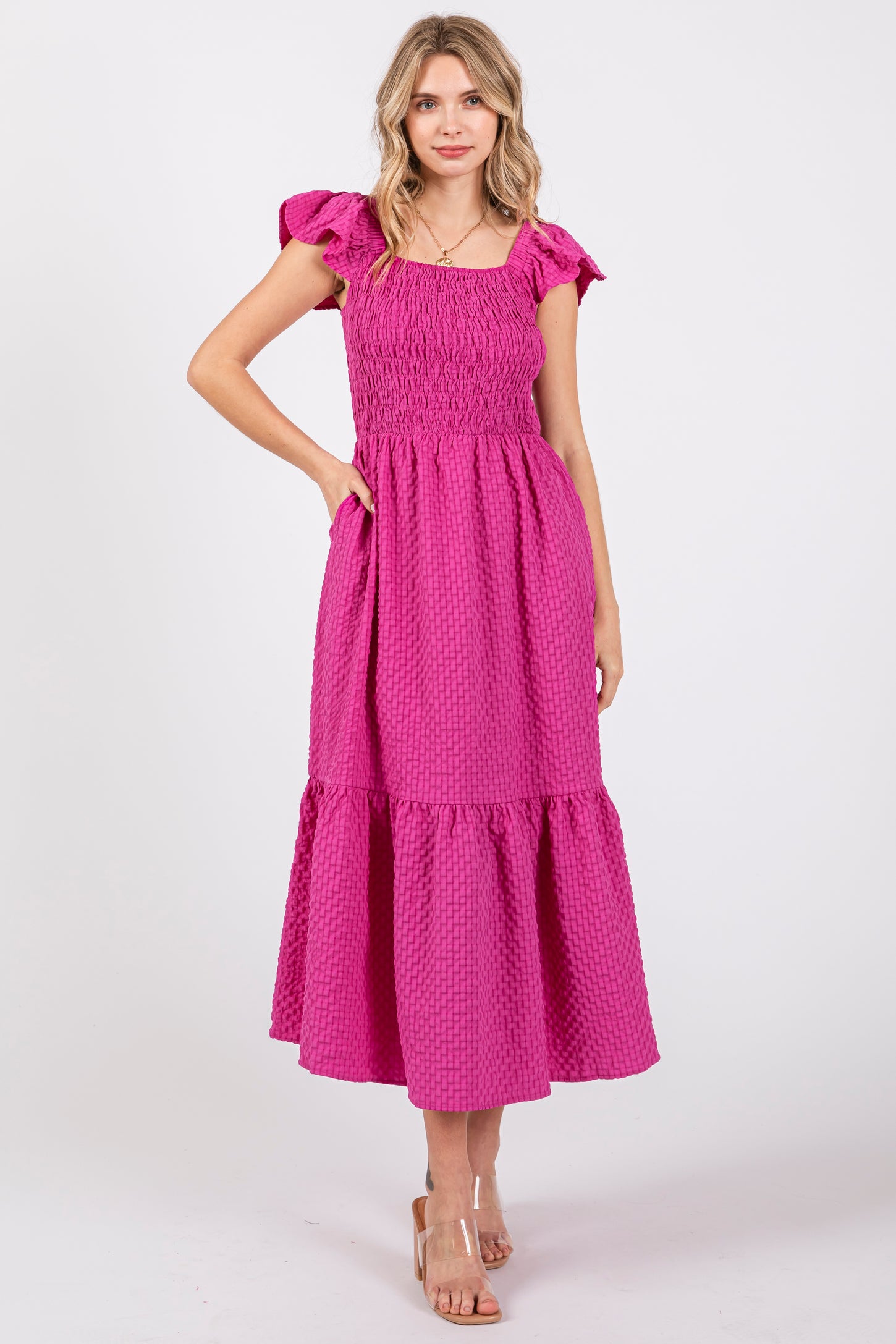 Magenta Sleeveless Smocked Tiered Dress