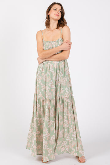 Light Olive Floral Sweetheart Smocked Front Cutout Maxi Dress