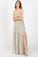 Light Olive Floral Sweetheart Smocked Front Cutout Maxi Dress