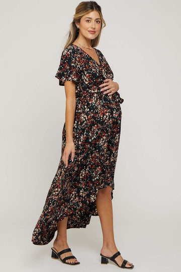 Black Floral Hi-Lo Maternity Wrap Maxi Dress