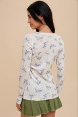 Light Blue Floral Long Sleeve Henley Top