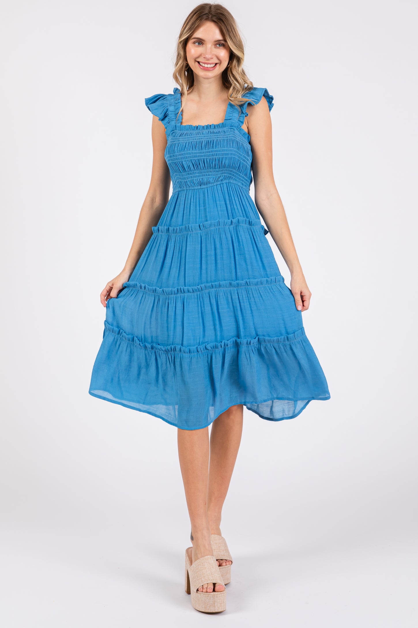 Blue Sleeveless Smocked Tiered Midi Dress